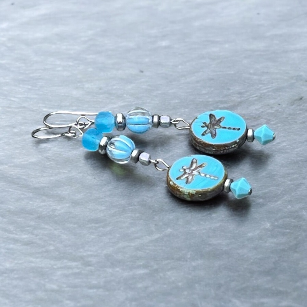 Handcrafted blue dragonfly Czech glass dangly earrings - Picture 5 of 8